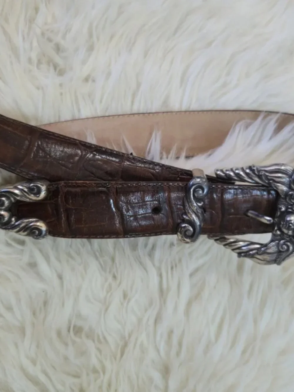 Vintage Brighton Brown Embossed Leather Belt Angel Cherub Silver Buckle 1995